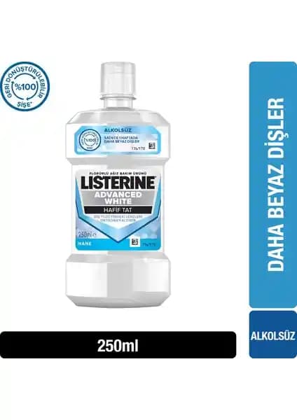 Listerine Advanced White Hafif Tat Ağız Bakım Suyu ile diş beyazlatma ve hijyen sağlar