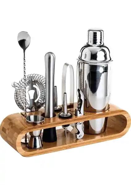 Kalesi 10 Parça 750ML Kokteyl Shaker Seti ve Şık Bambu Stand ile Profesyonel Bar Deneyimi